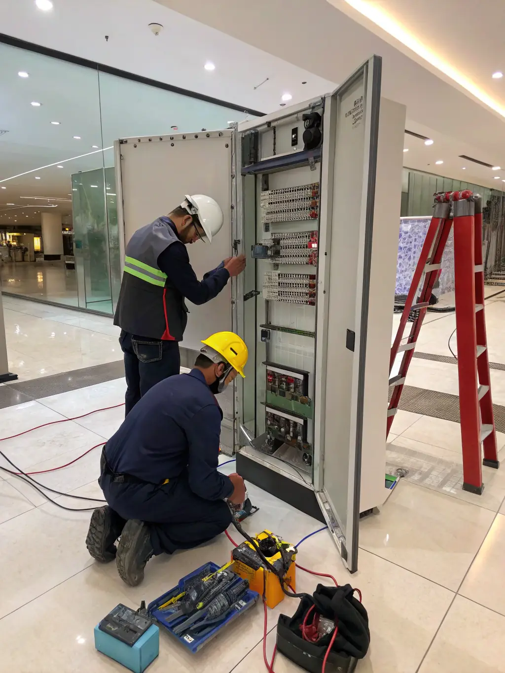 A medium shot of MiPhi technicians upgrading a power system, focusing on the modern equipment and the improved efficiency of the system.