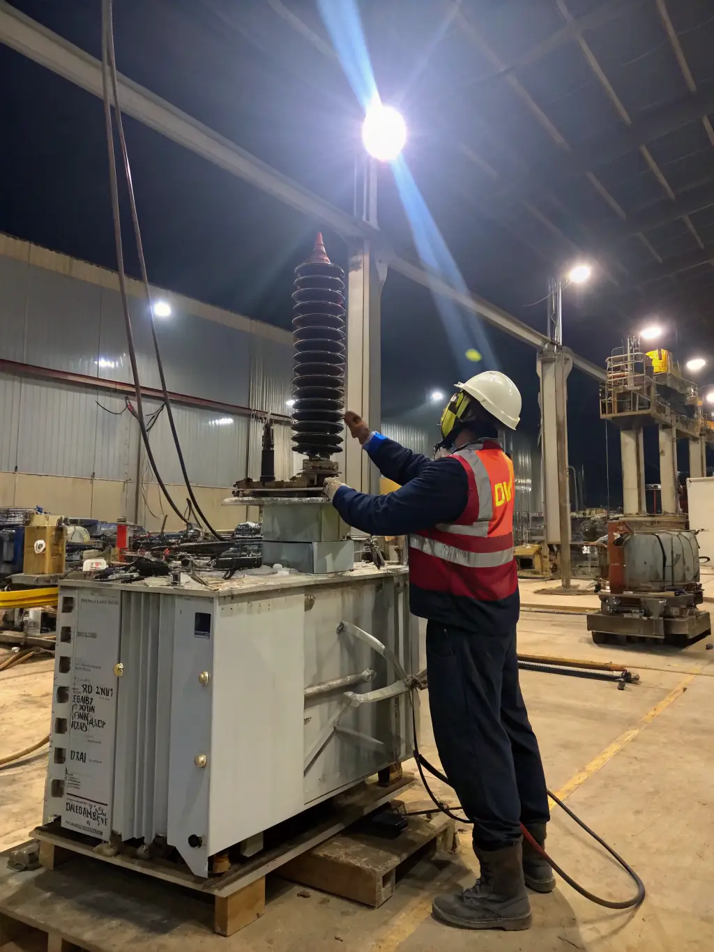 A high-angle, medium shot of a distribution transformer being installed by MiPhi engineers, showcasing the equipment and the team's expertise.