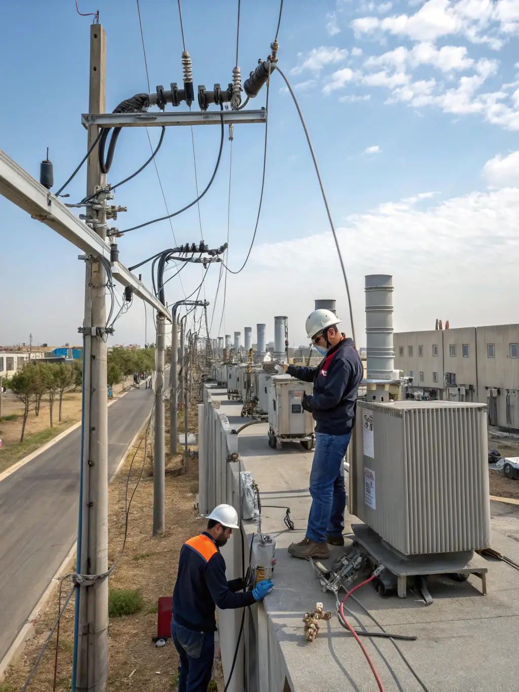 A wide shot of MiPhi engineers working on overhead power lines, emphasizing safety and precision in their work.